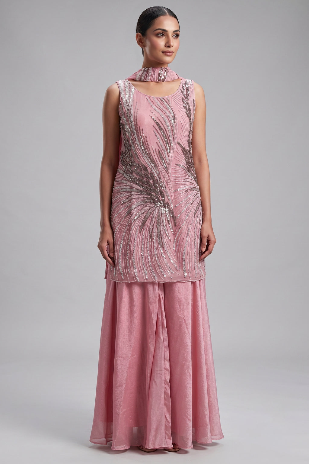 Pink Net Cutdana Sequin Worked Palazzo Suit