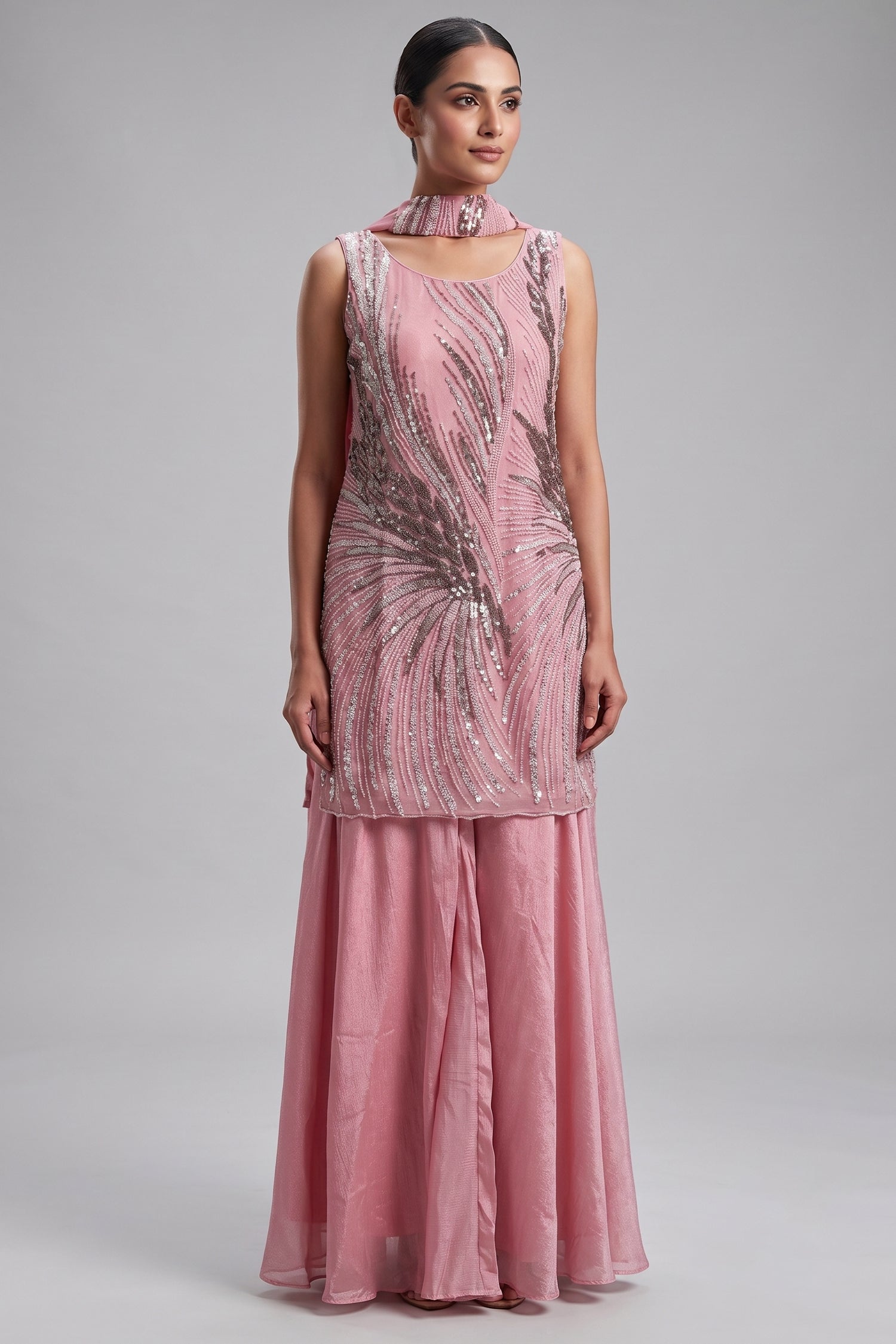 Pink Net Cutdana Sequin Worked Palazzo Suit
