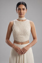 Pearl White Crepe Silk Cutdana Sequin Worked Crop Top Palazzo Set with Dupatta