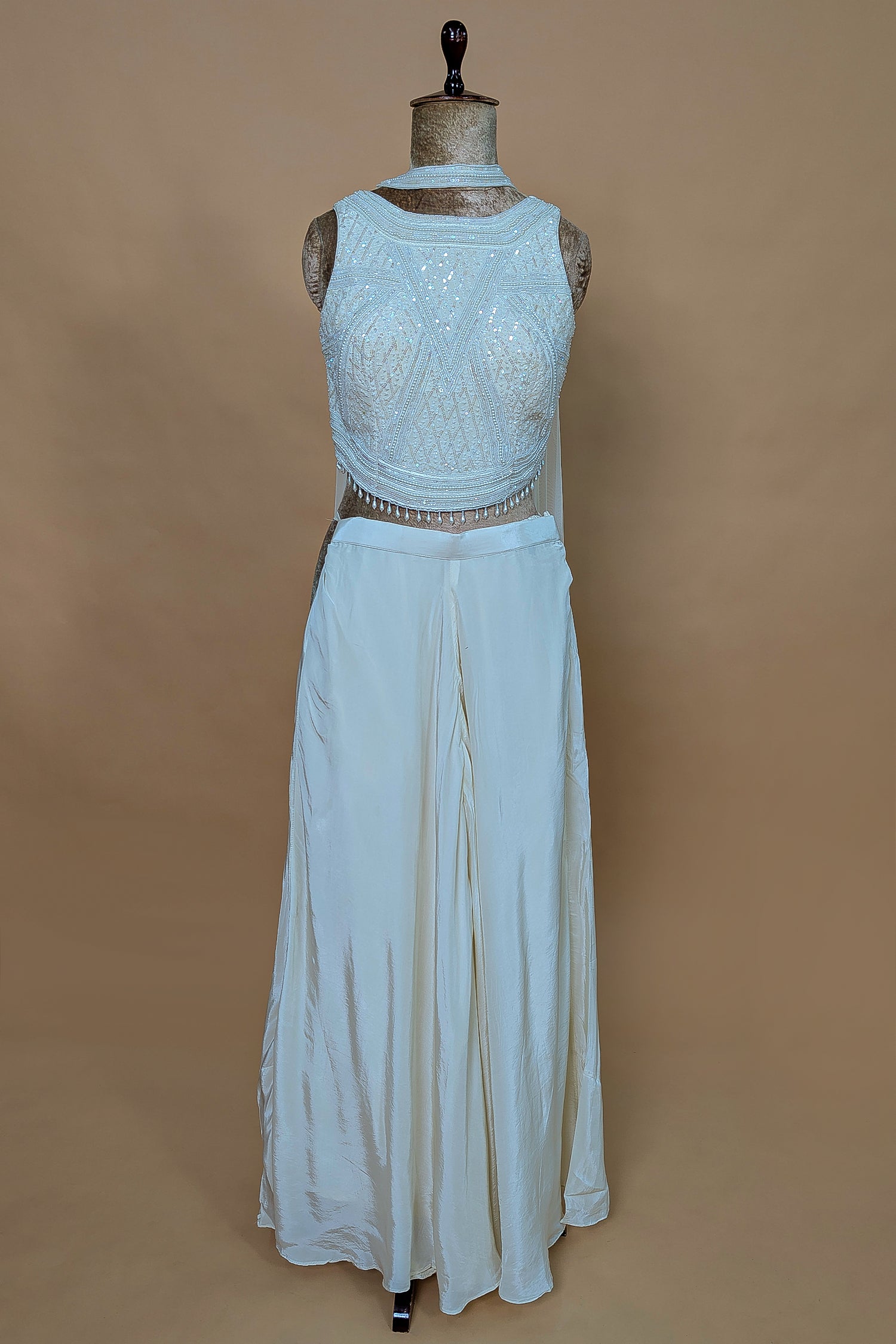 Pearl White Crepe Silk Cutdana Sequin Worked Crop Top Palazzo Set with Dupatta