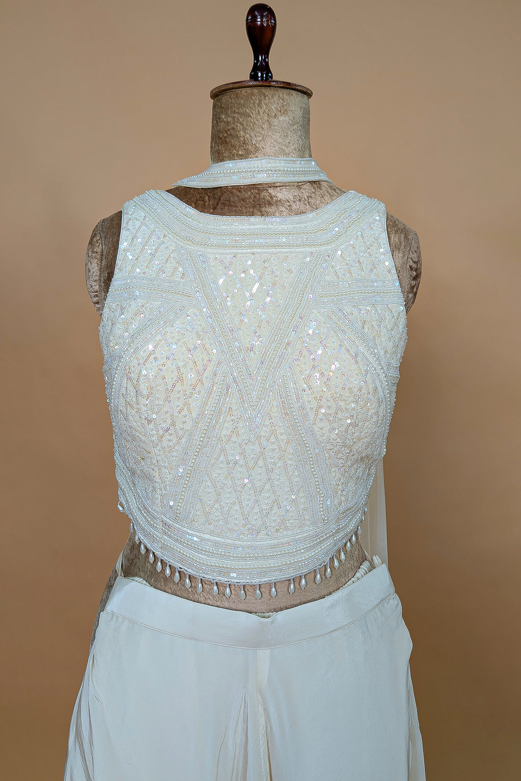 Pearl White Crepe Silk Cutdana Sequin Worked Crop Top Palazzo Set with Dupatta