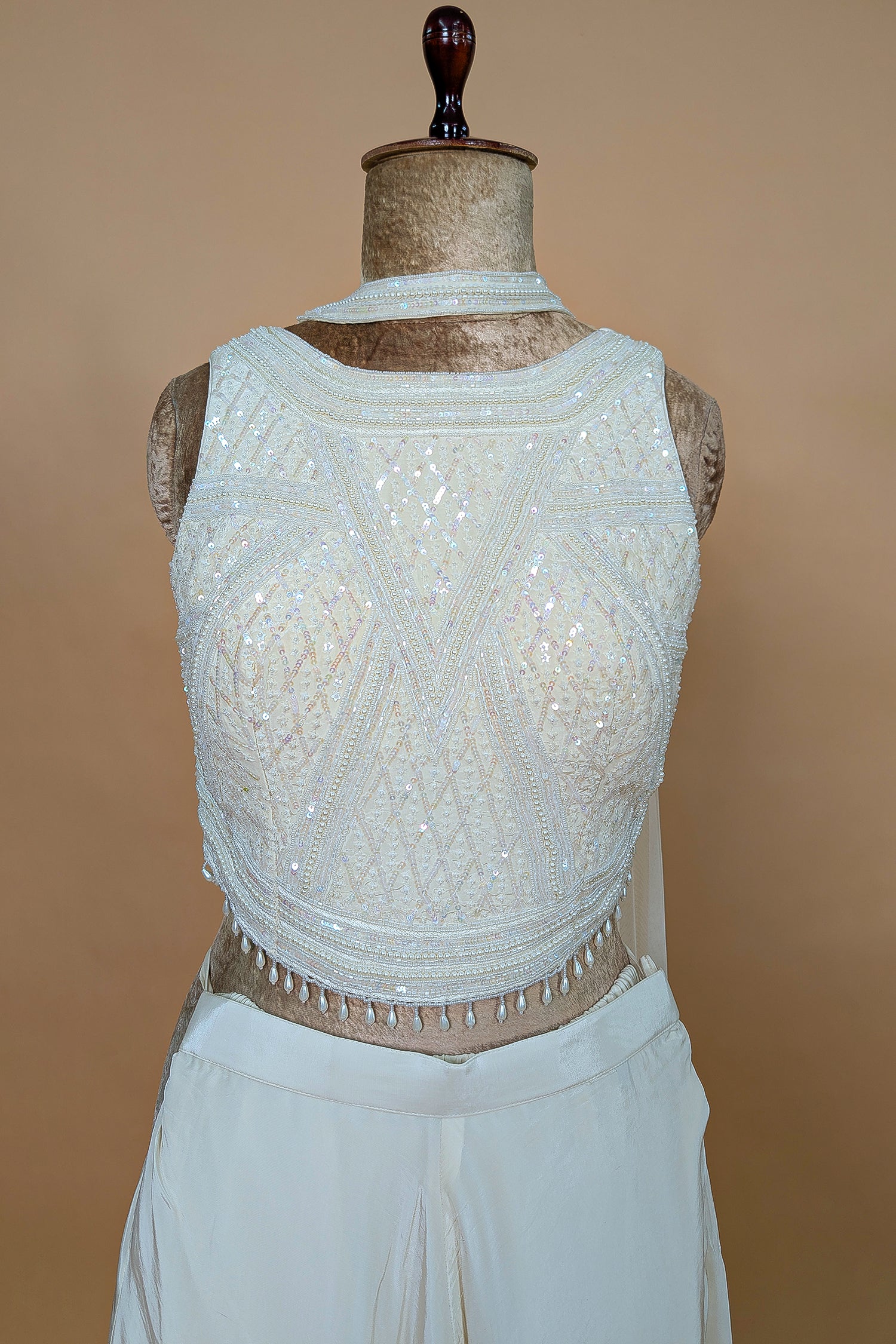 Pearl White Crepe Silk Cutdana Sequin Worked Crop Top Palazzo Set with Dupatta