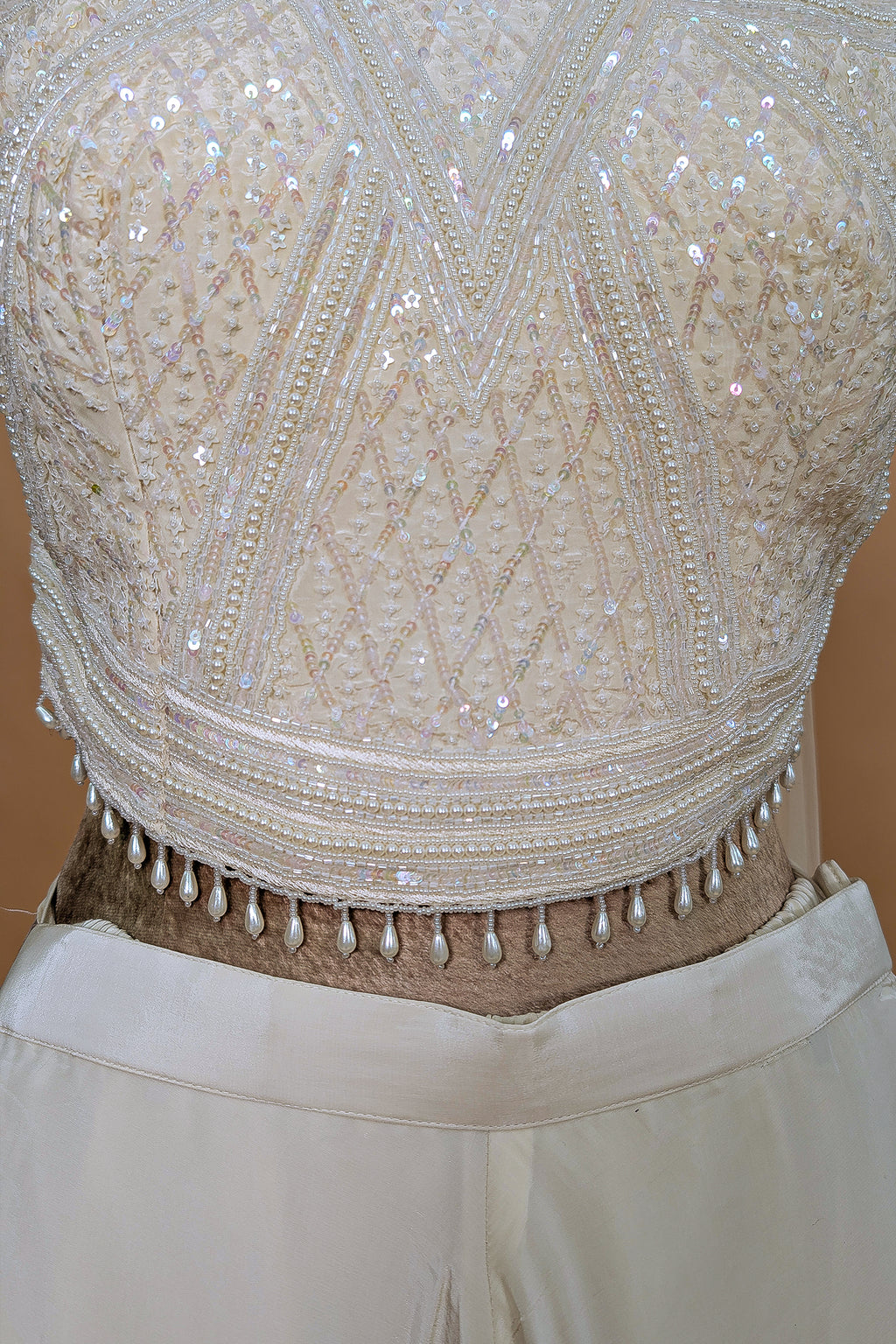 Pearl White Crepe Silk Cutdana Sequin Worked Crop Top Palazzo Set with Dupatta
