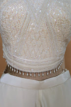 Pearl White Crepe Silk Cutdana Sequin Worked Crop Top Palazzo Set with Dupatta