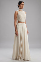 Pearl White Crepe Silk Cutdana Sequin Worked Crop Top Palazzo Set with Dupatta