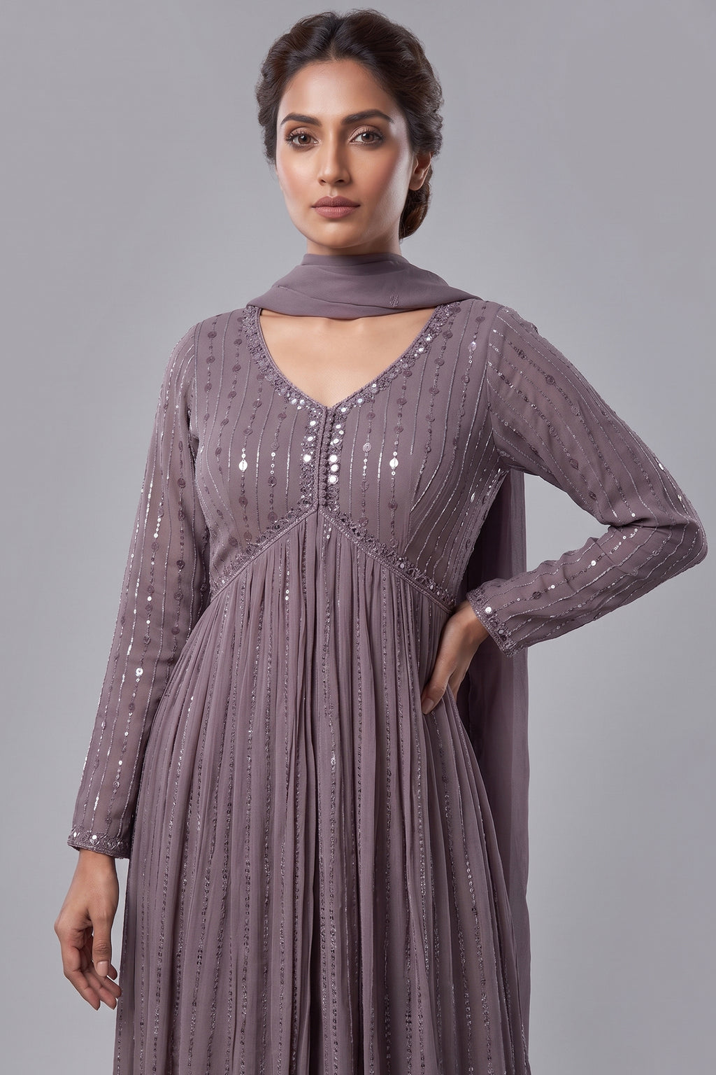 Mauve Georgette Sequin Worked Slit Cut Palazzo Suit