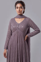 Mauve Georgette Sequin Worked Slit Cut Palazzo Suit