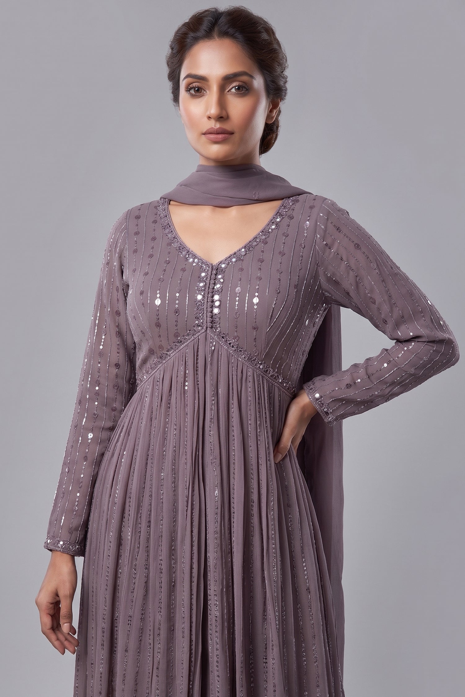 Mauve Georgette Sequin Worked Slit Cut Palazzo Suit