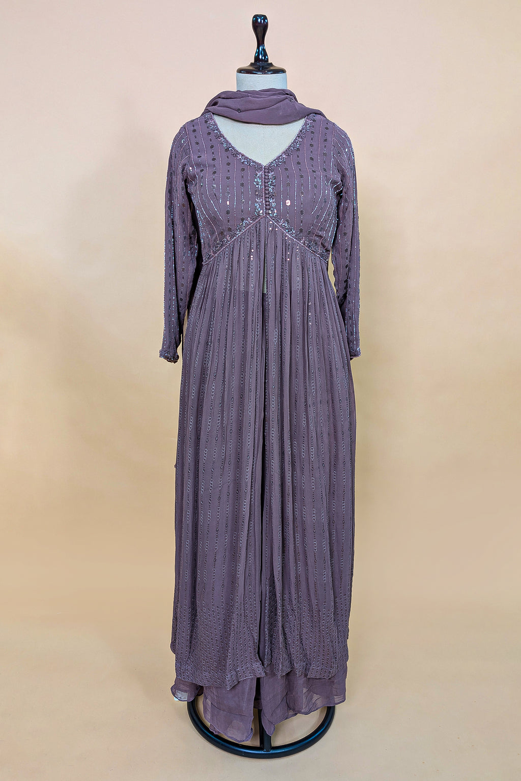 Mauve Georgette Sequin Worked Slit Cut Palazzo Suit