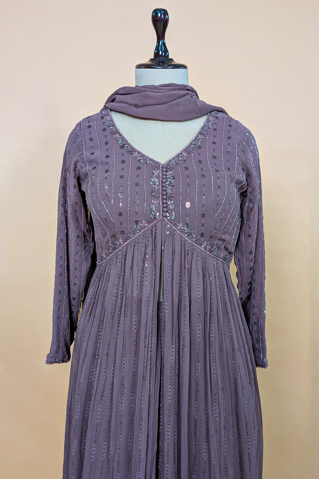 Mauve Georgette Sequin Worked Slit Cut Palazzo Suit