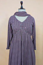 Mauve Georgette Sequin Worked Slit Cut Palazzo Suit