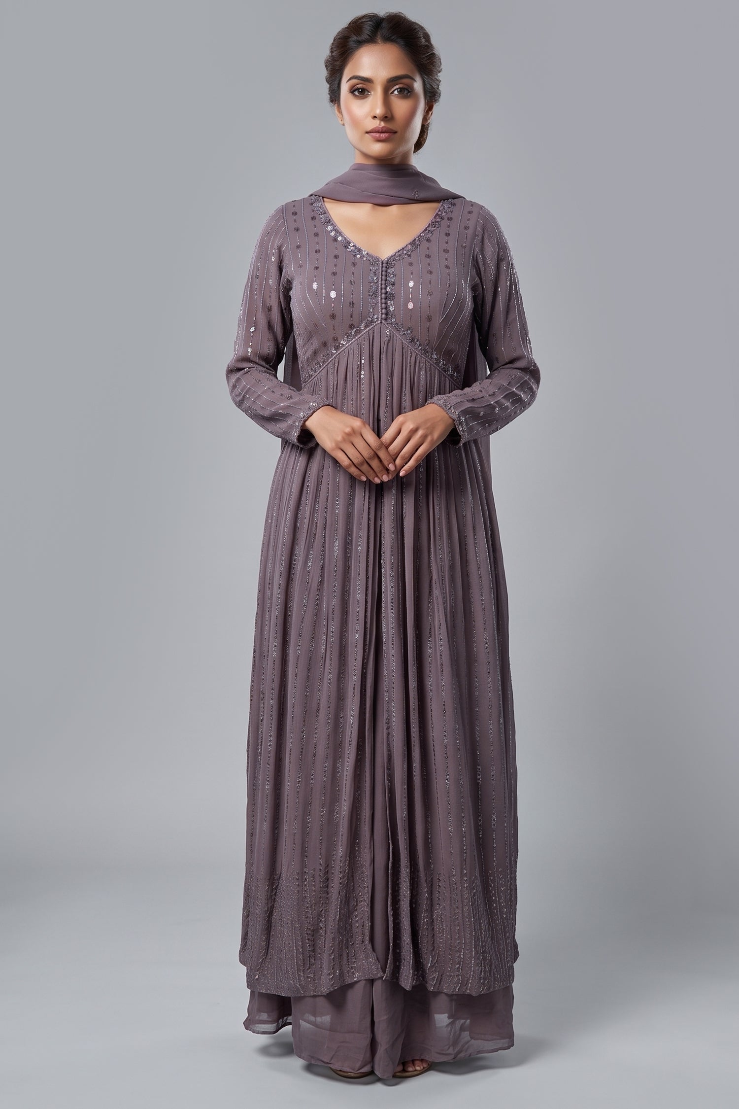 Mauve Georgette Sequin Worked Slit Cut Palazzo Suit Main image