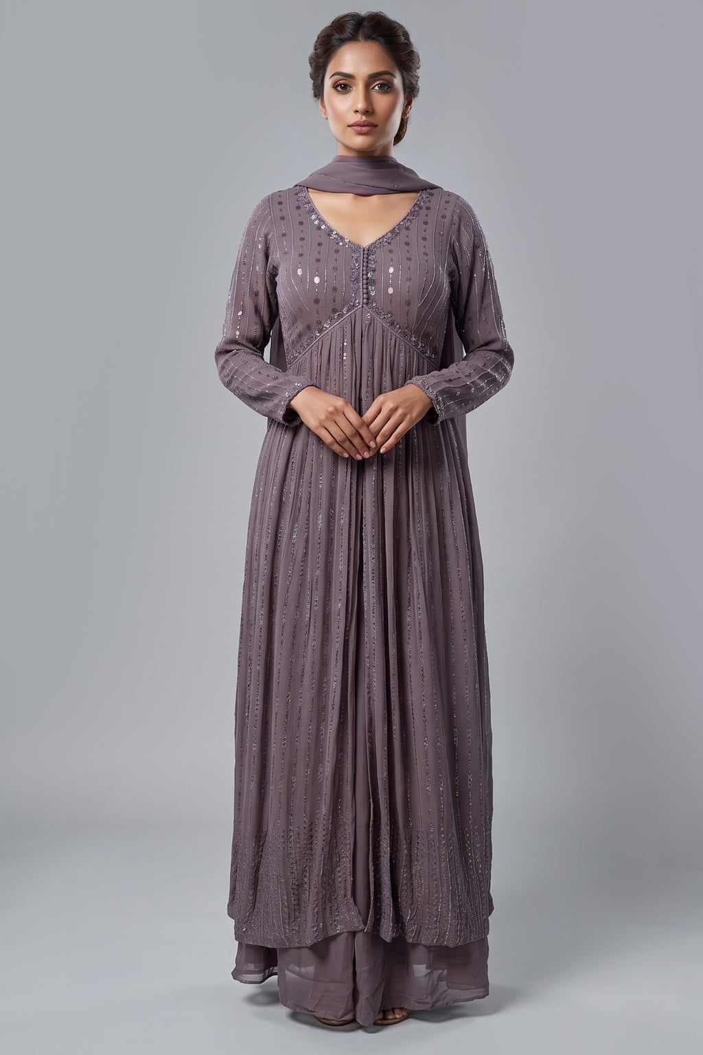 Mauve Georgette Sequin Worked Slit Cut Palazzo Suit