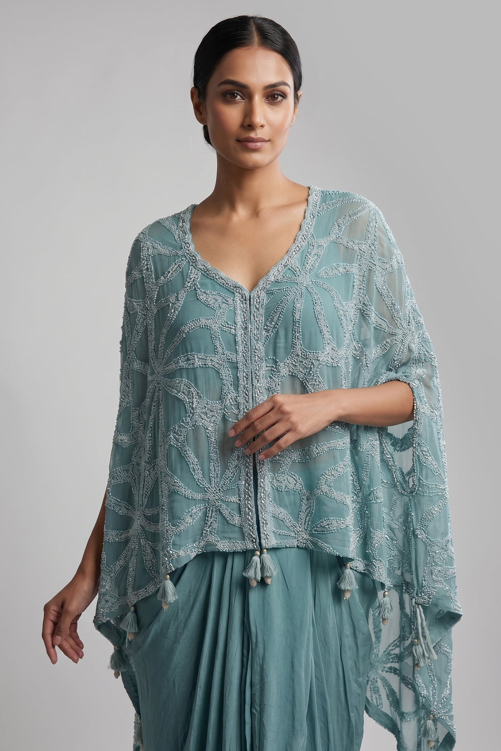Persian Green Georgette Cutdana Beaded Work Asymmtrical Top and Dhoti Skirt Set
