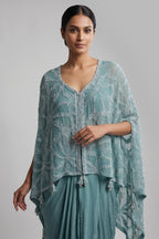 Persian Green Georgette Cutdana Beaded Work Asymmtrical Top and Dhoti Skirt Set