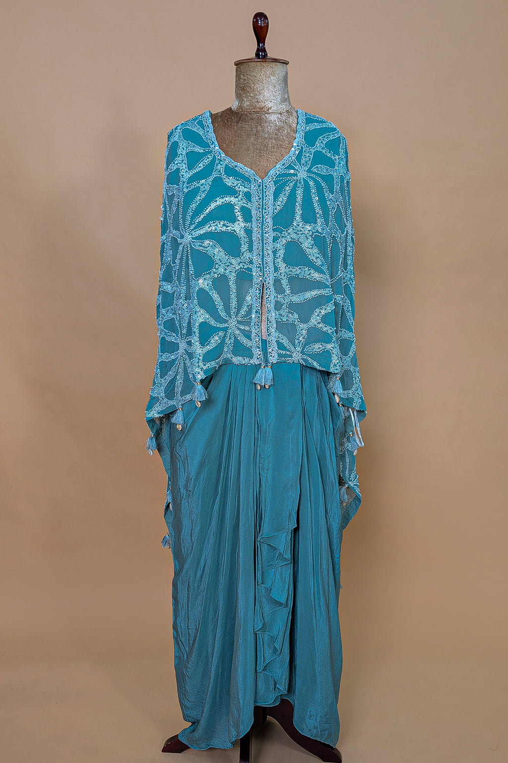 Persian Green Georgette Cutdana Beaded Work Asymmtrical Top and Dhoti Skirt Set