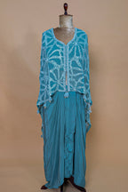 Persian Green Georgette Cutdana Beaded Work Asymmtrical Top and Dhoti Skirt Set