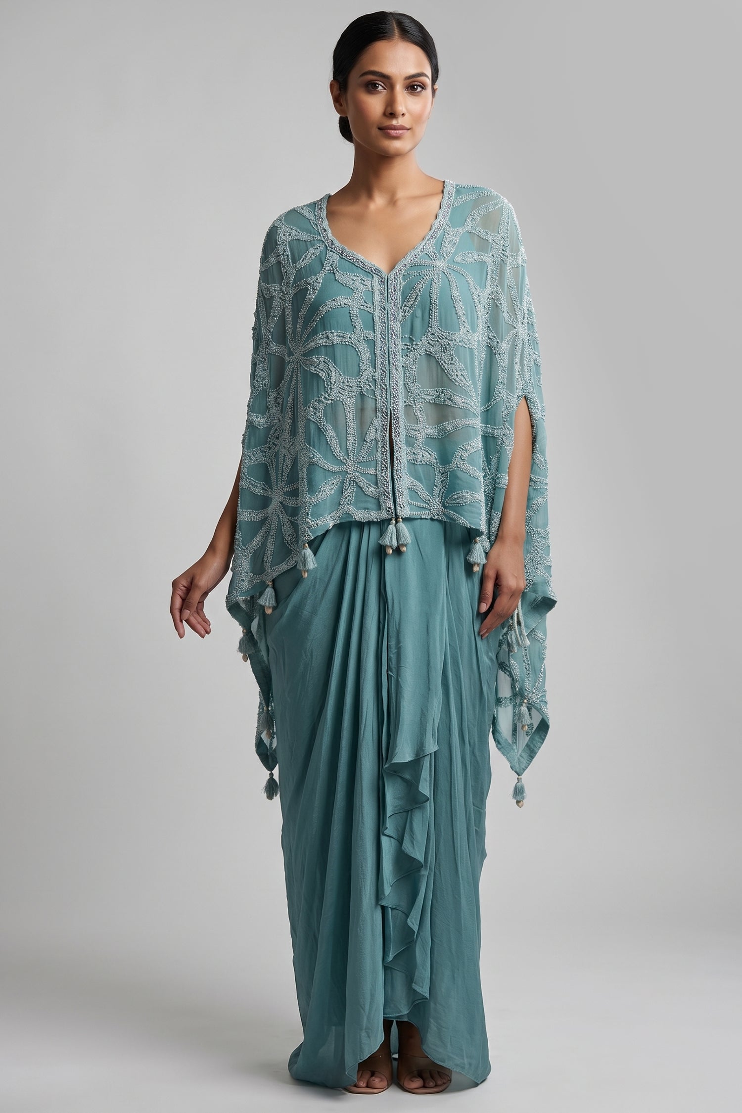 Persian Green Georgette Cutdana Beaded Work Asymmtrical Top and Dhoti Skirt Set