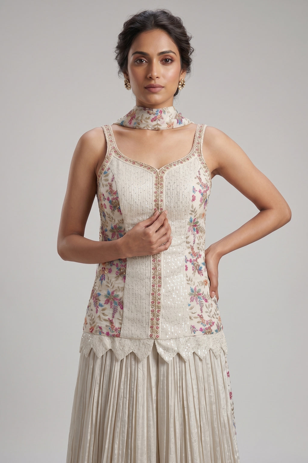 Off White Chiffon Silk Floral Printed Palazzo Suit