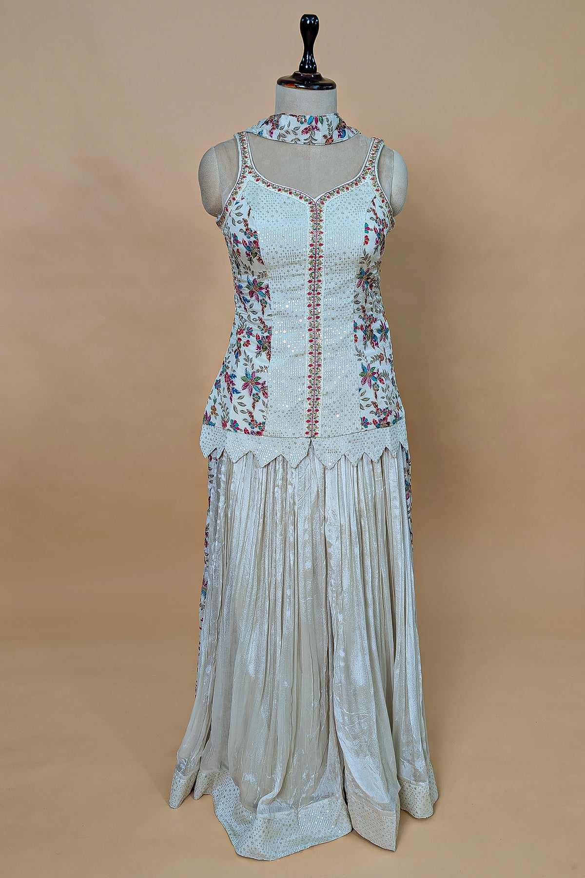 Off White Chiffon Silk Floral Printed Palazzo Suit