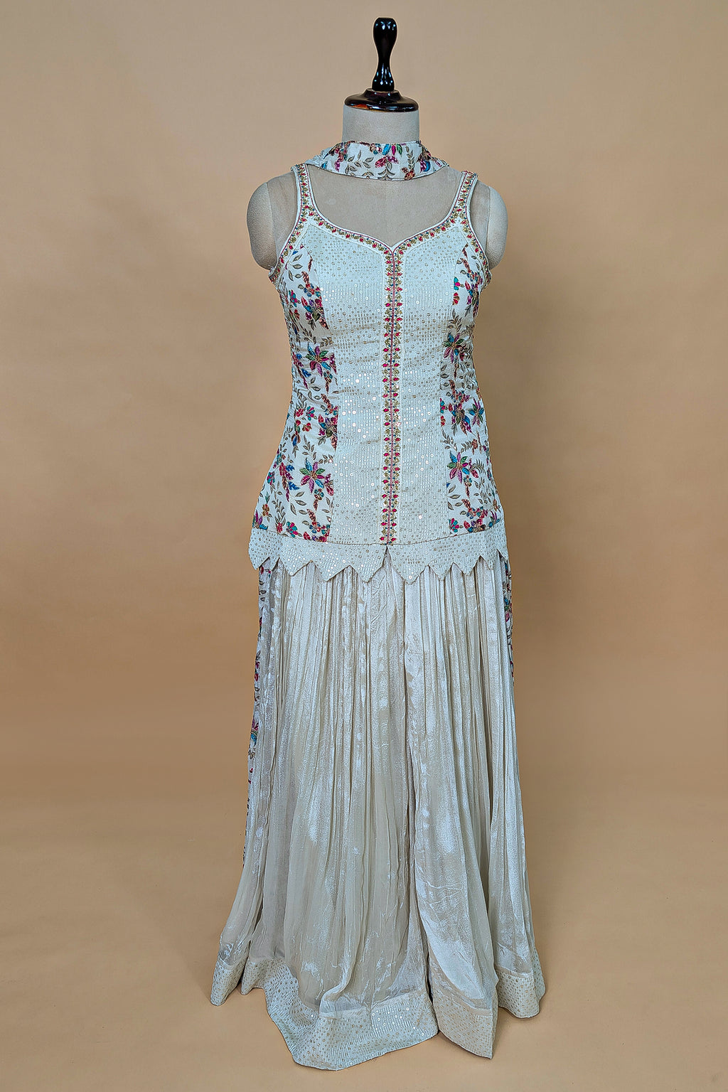 Off White Chiffon Silk Floral Printed Palazzo Suit