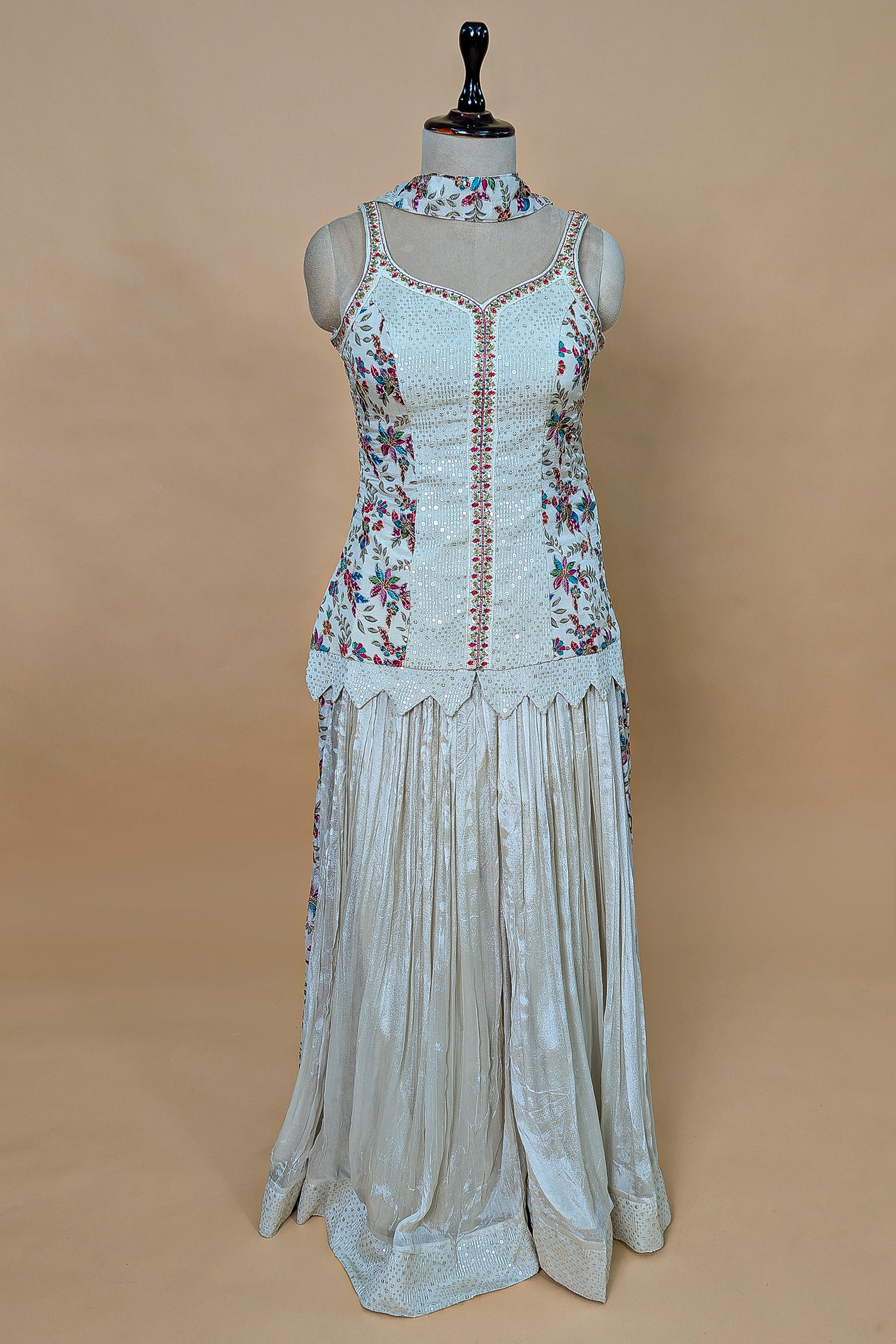 Off White Chiffon Silk Floral Printed Palazzo Suit
