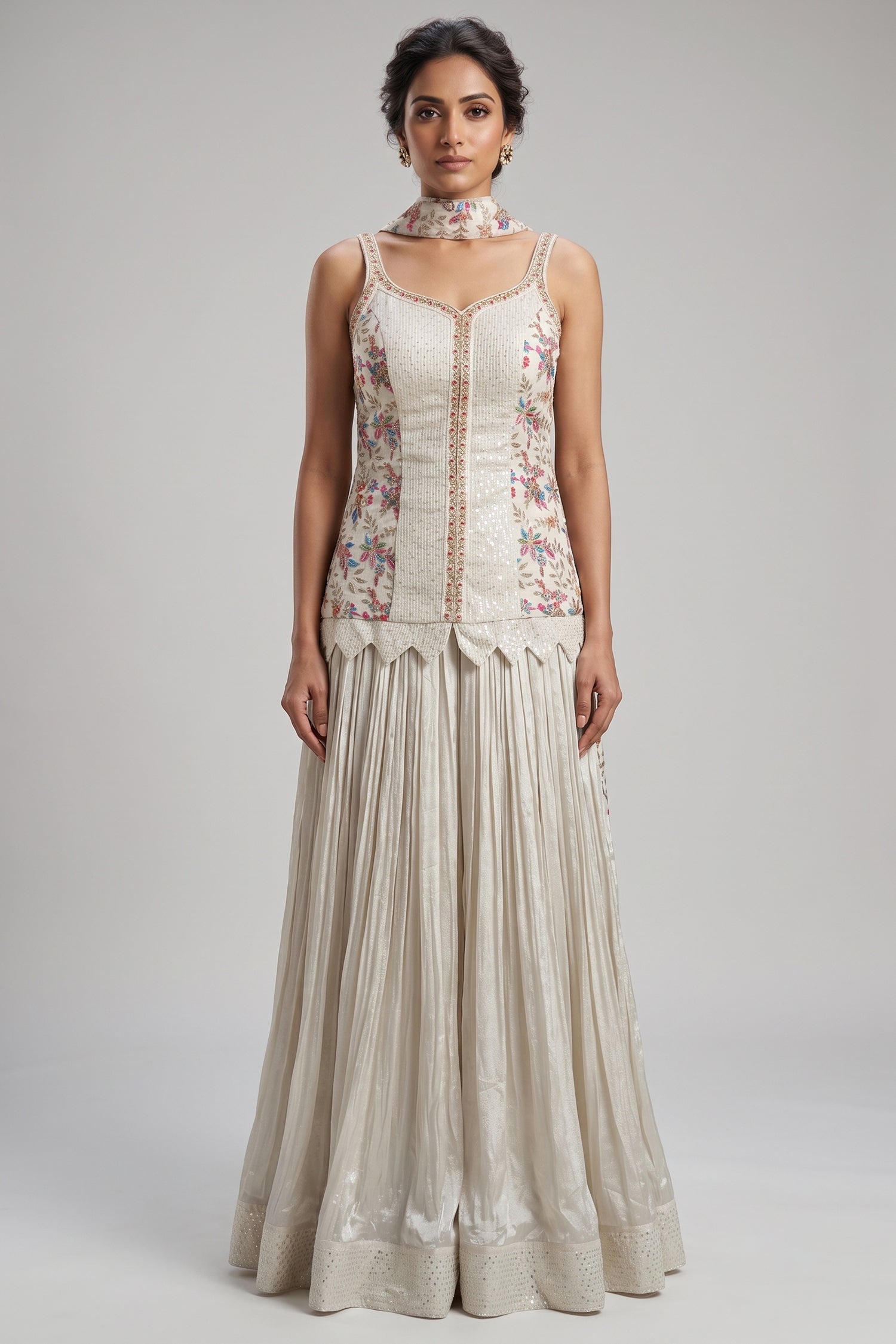 Off White Chiffon Silk Floral Printed Palazzo Suit