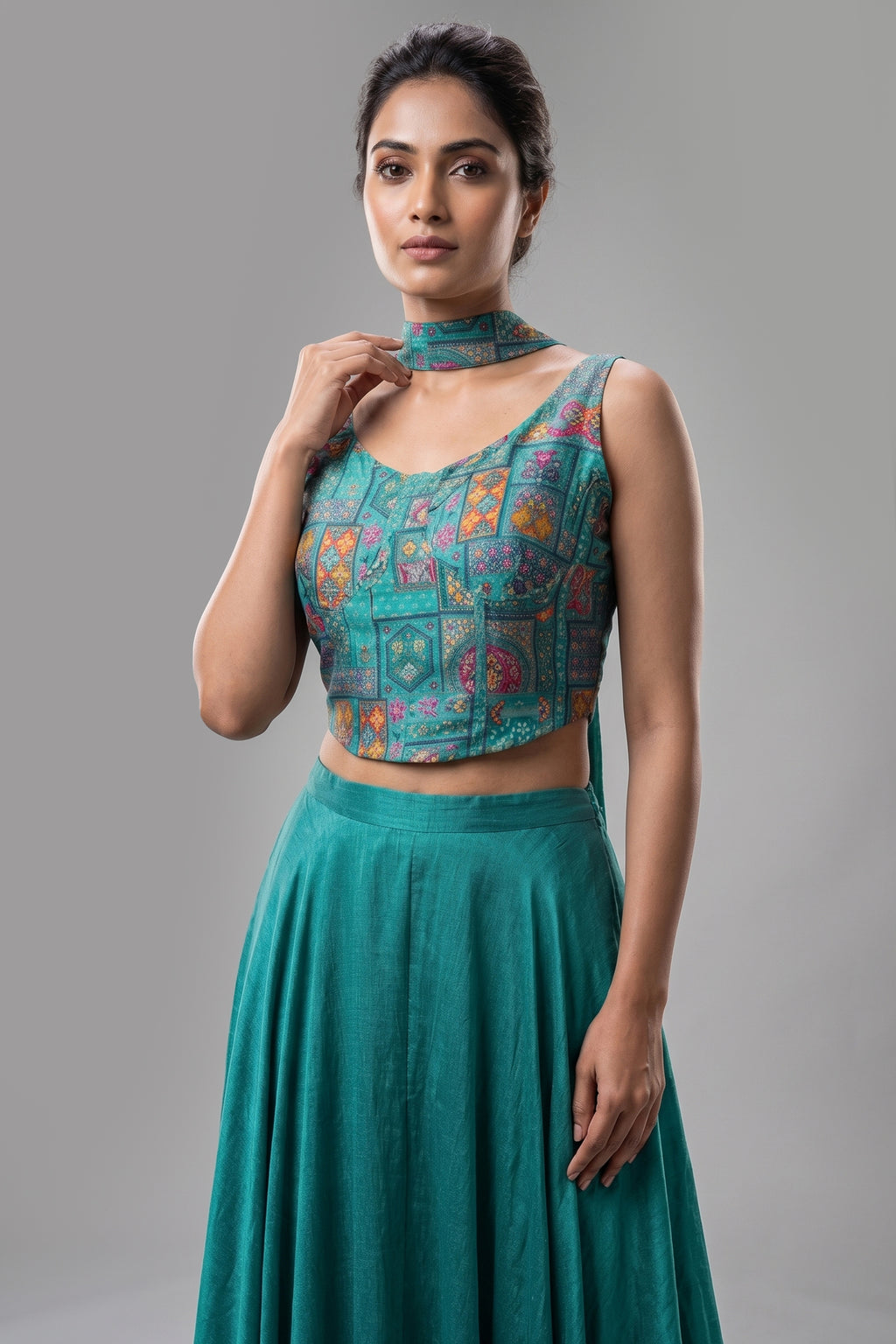 Teal Green Brocade Woven Crop Top Palazzo Set with Dupatta