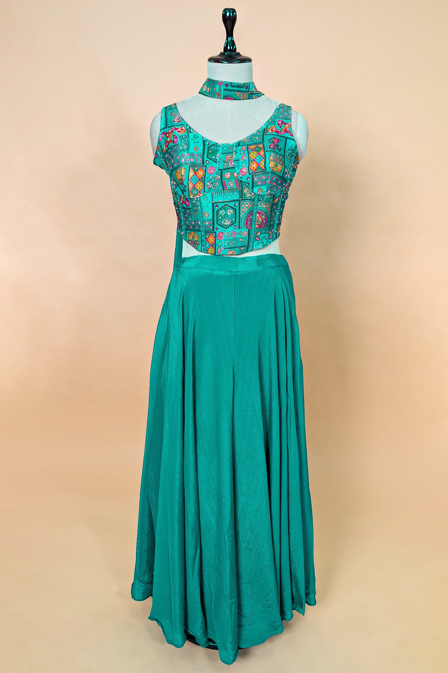 Teal Green Brocade Woven Crop Top Palazzo Set with Dupatta
