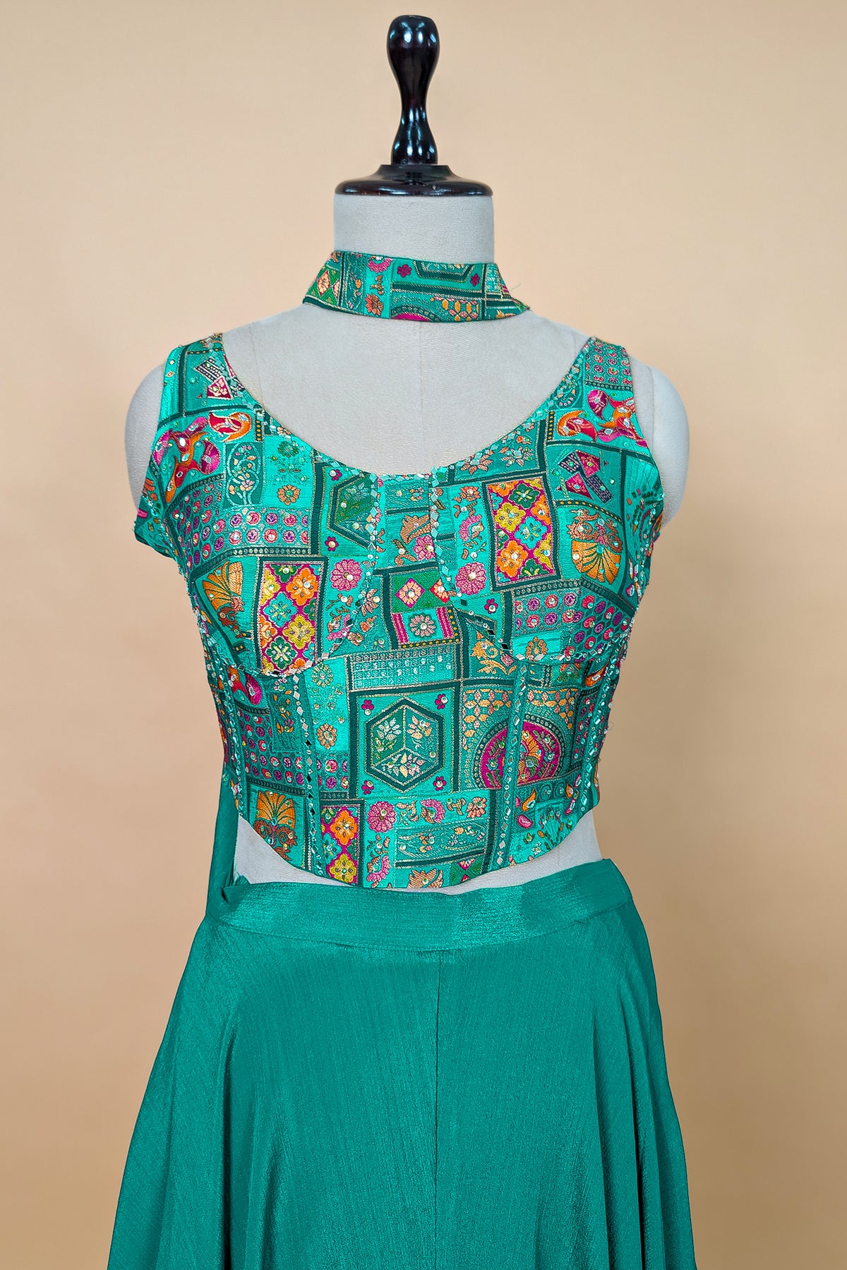 Teal Green Brocade Woven Crop Top Palazzo Set with Dupatta