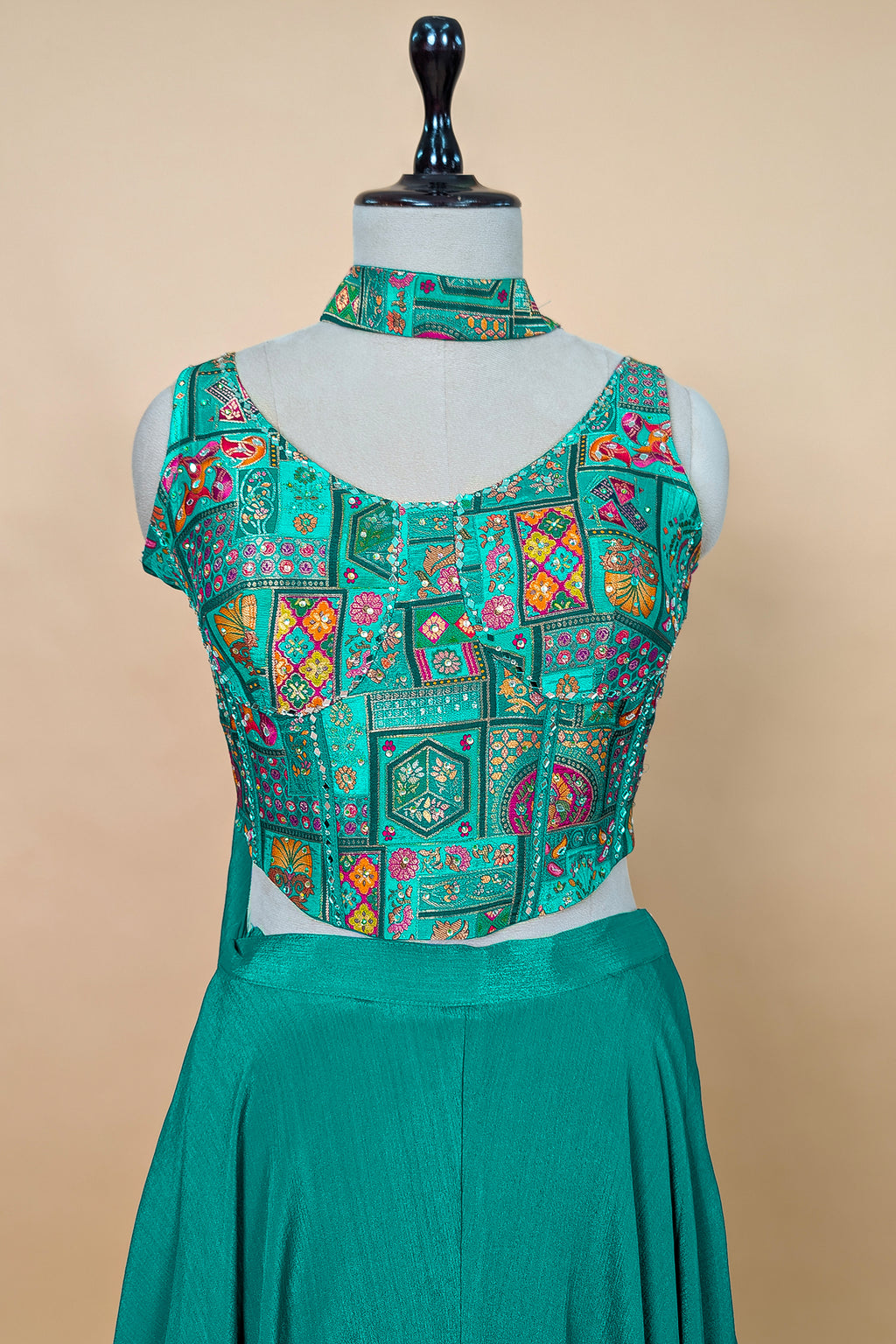 Teal Green Brocade Woven Crop Top Palazzo Set with Dupatta