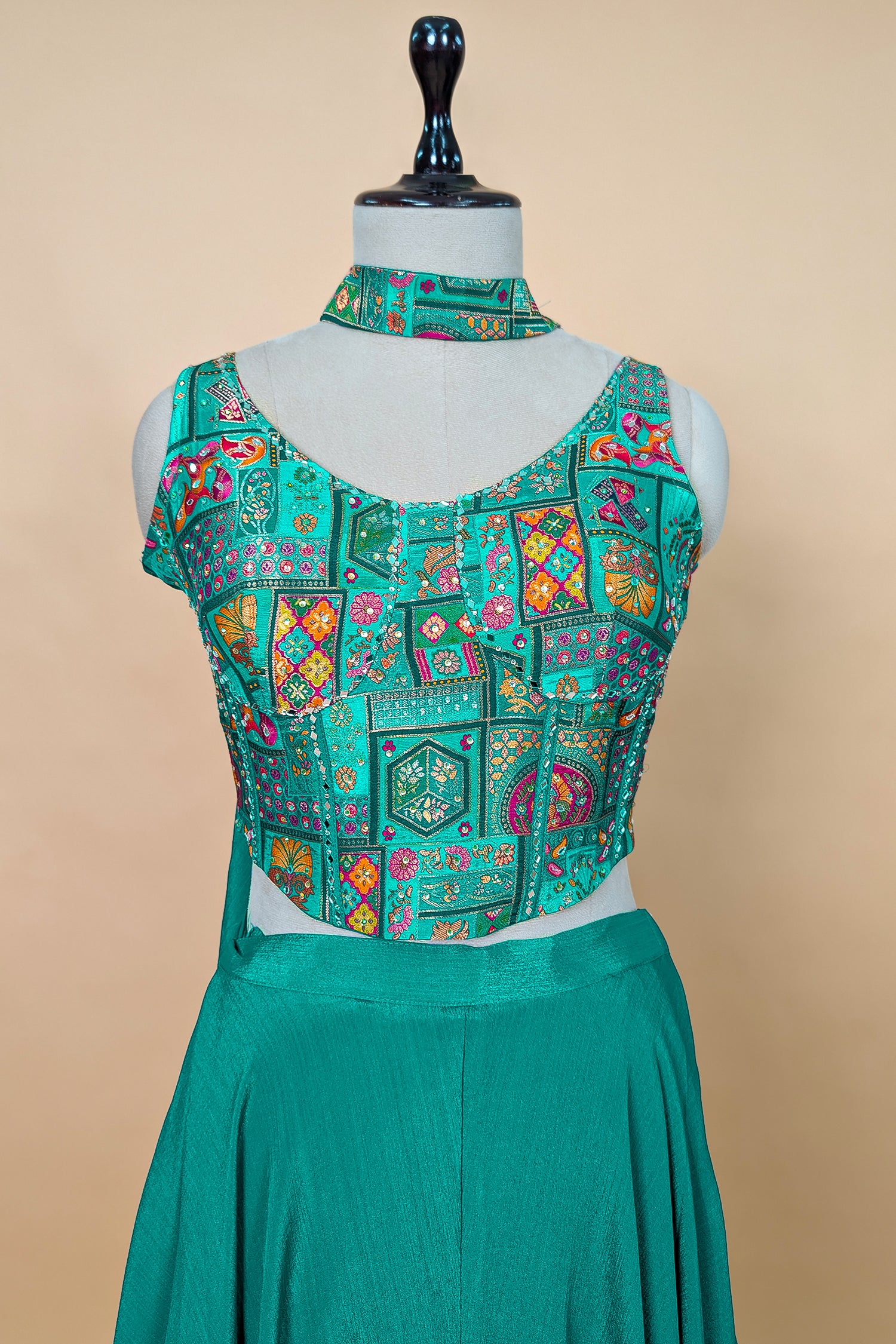 Teal Green Brocade Woven Crop Top Palazzo Set with Dupatta