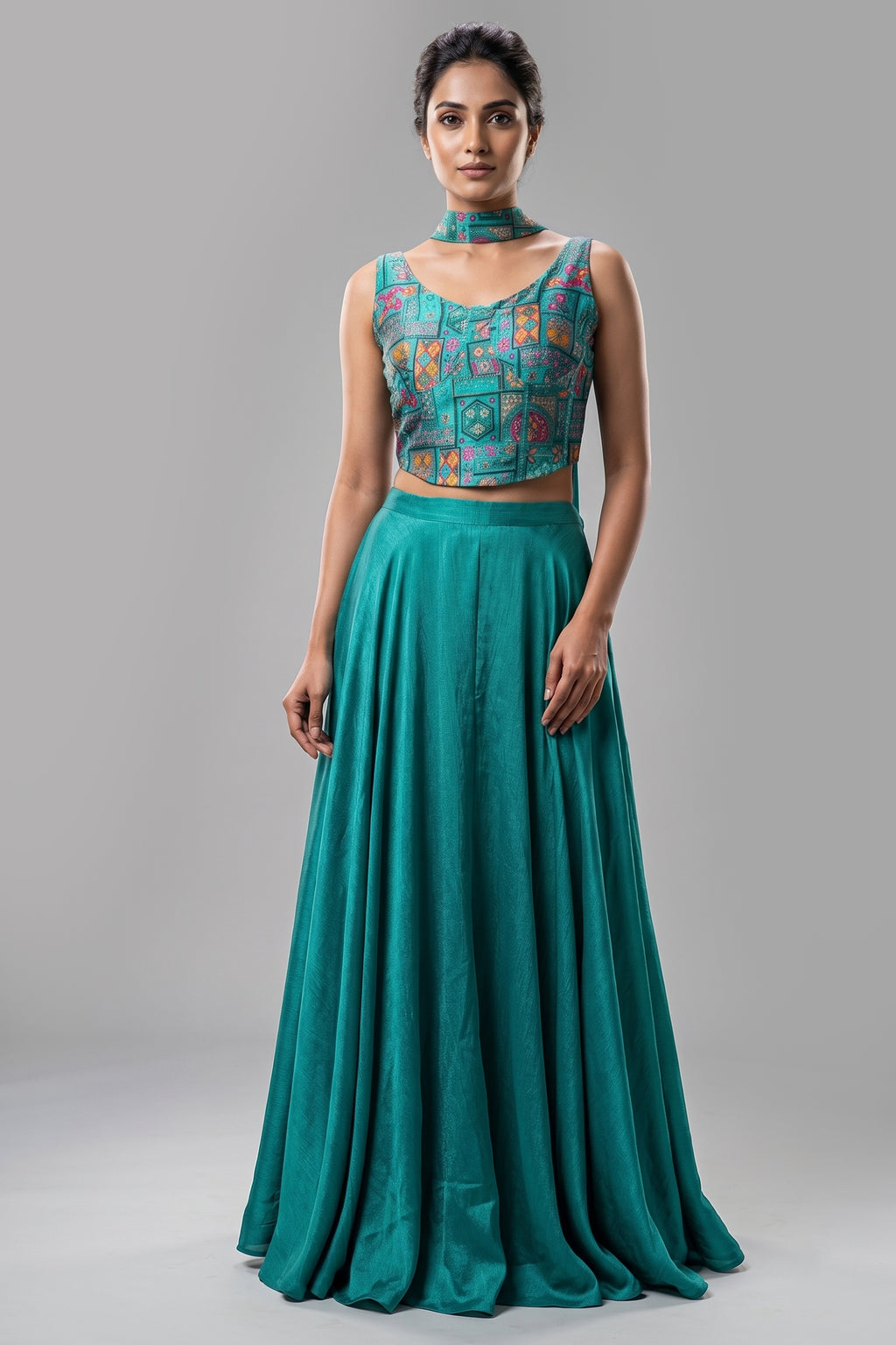 Teal Green Brocade Woven Crop Top Palazzo Set with Dupatta