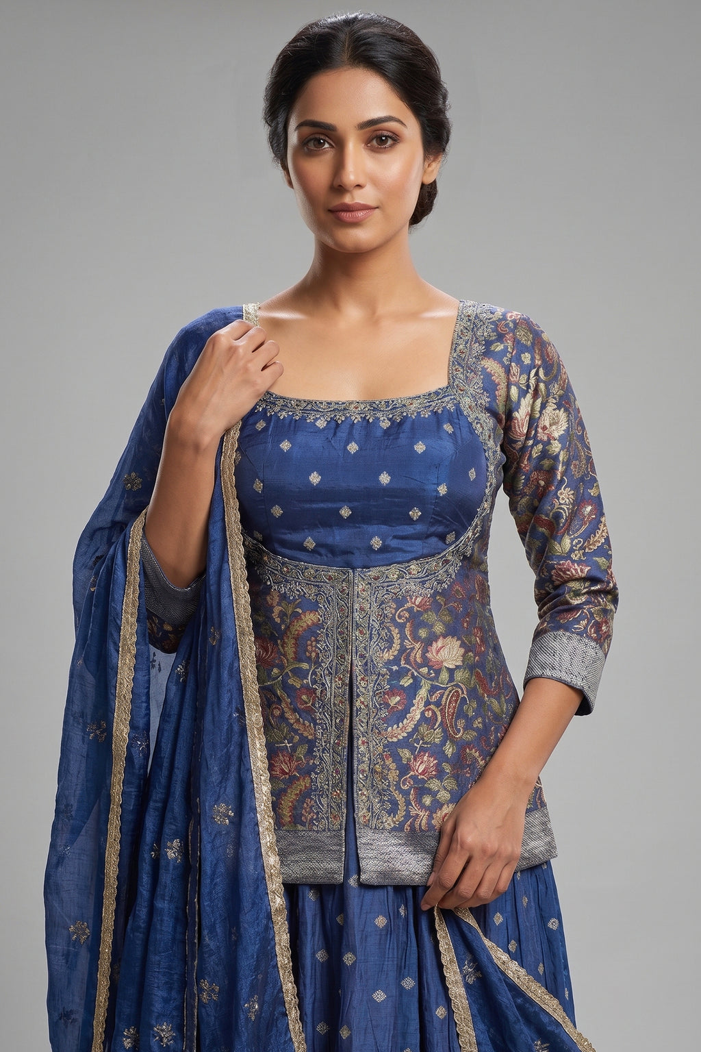 Blue Art Silk Floral Woven Palazzo Suit with Mirror Cutdana Work