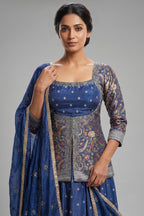 Blue Art Silk Floral Woven Palazzo Suit with Mirror Cutdana Work