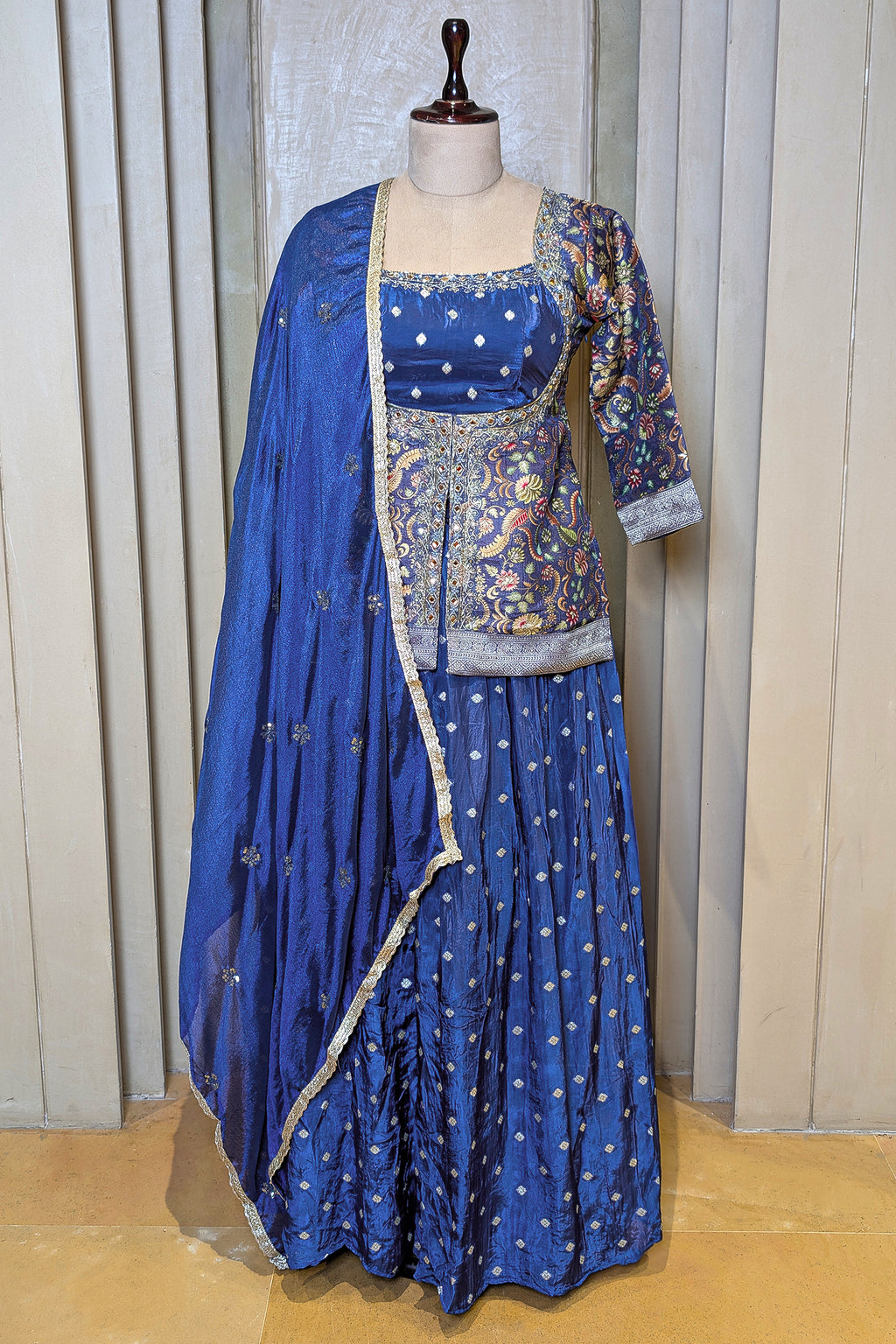 Blue Art Silk Floral Woven Palazzo Suit with Mirror Cutdana Work