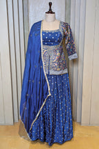 Blue Art Silk Floral Woven Palazzo Suit with Mirror Cutdana Work