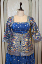 Blue Art Silk Floral Woven Palazzo Suit with Mirror Cutdana Work