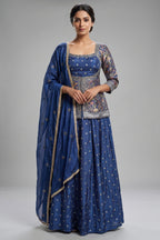 Blue Art Silk Floral Woven Palazzo Suit with Mirror Cutdana Work
