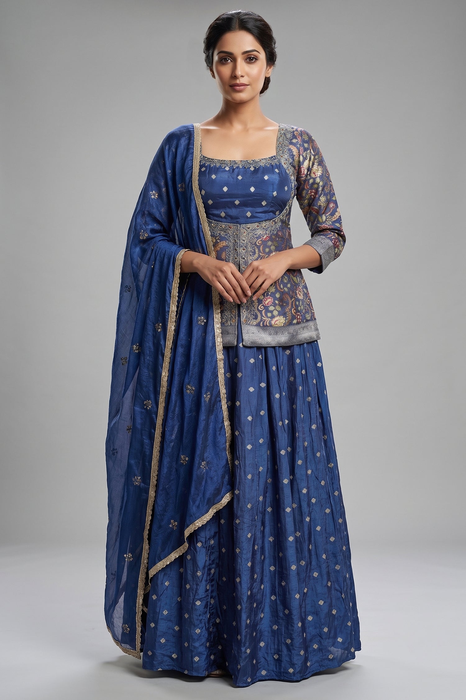 Blue Art Silk Floral Woven Palazzo Suit with Mirror Cutdana Work
