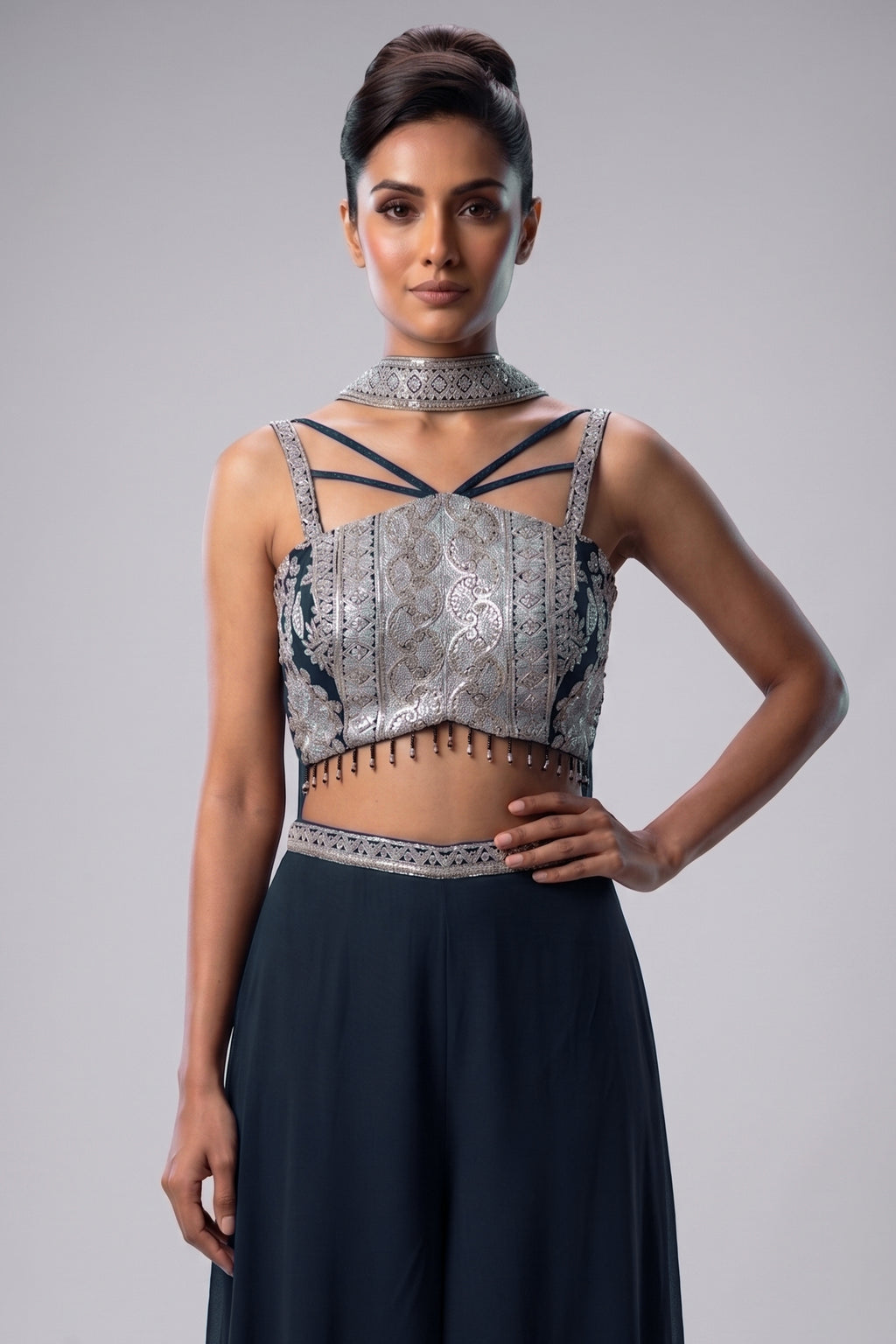 Black Georgette Thread Embroidery and Sequin Worked Crop Top Palazzo Set with Dupatta
