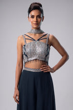 Black Georgette Thread Embroidery and Sequin Worked Crop Top Palazzo Set with Dupatta