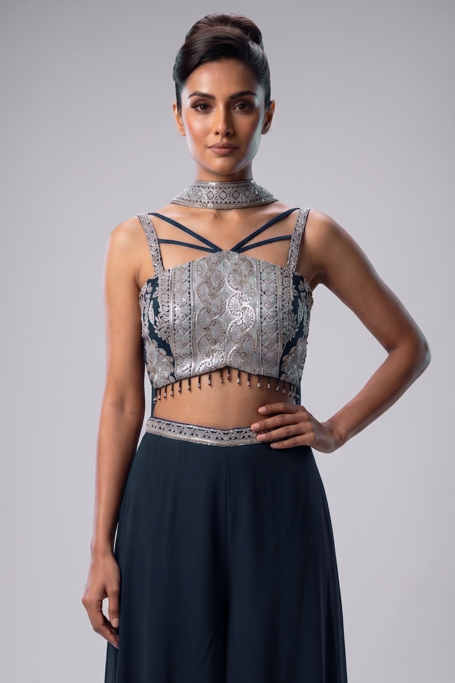 Black Georgette Thread Embroidery and Sequin Worked Crop Top Palazzo Set with Dupatta