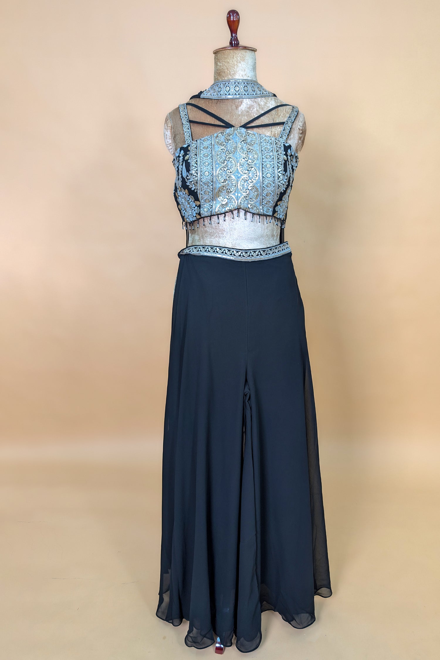 Black Georgette Thread Embroidery and Sequin Worked Crop Top Palazzo Set with Dupatta