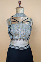 Black Georgette Thread Embroidery and Sequin Worked Crop Top Palazzo Set with Dupatta