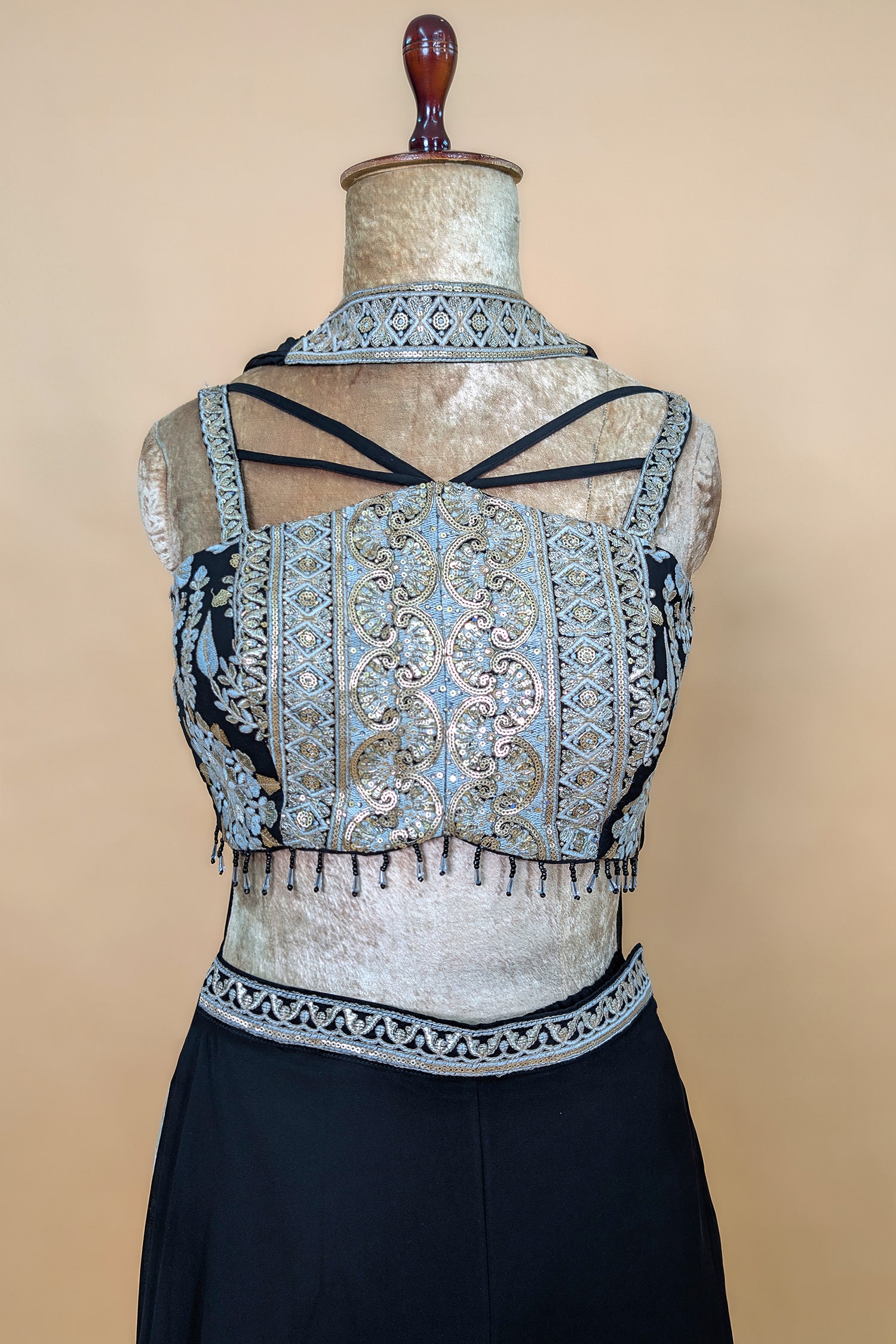 Black Georgette Thread Embroidery and Sequin Worked Crop Top Palazzo Set with Dupatta