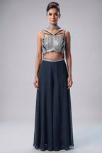 Black Georgette Thread Embroidery and Sequin Worked Crop Top Palazzo Set with Dupatta