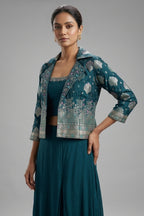 Teal Green Georgette Crop Top Palazzo Set with Woven Jacket