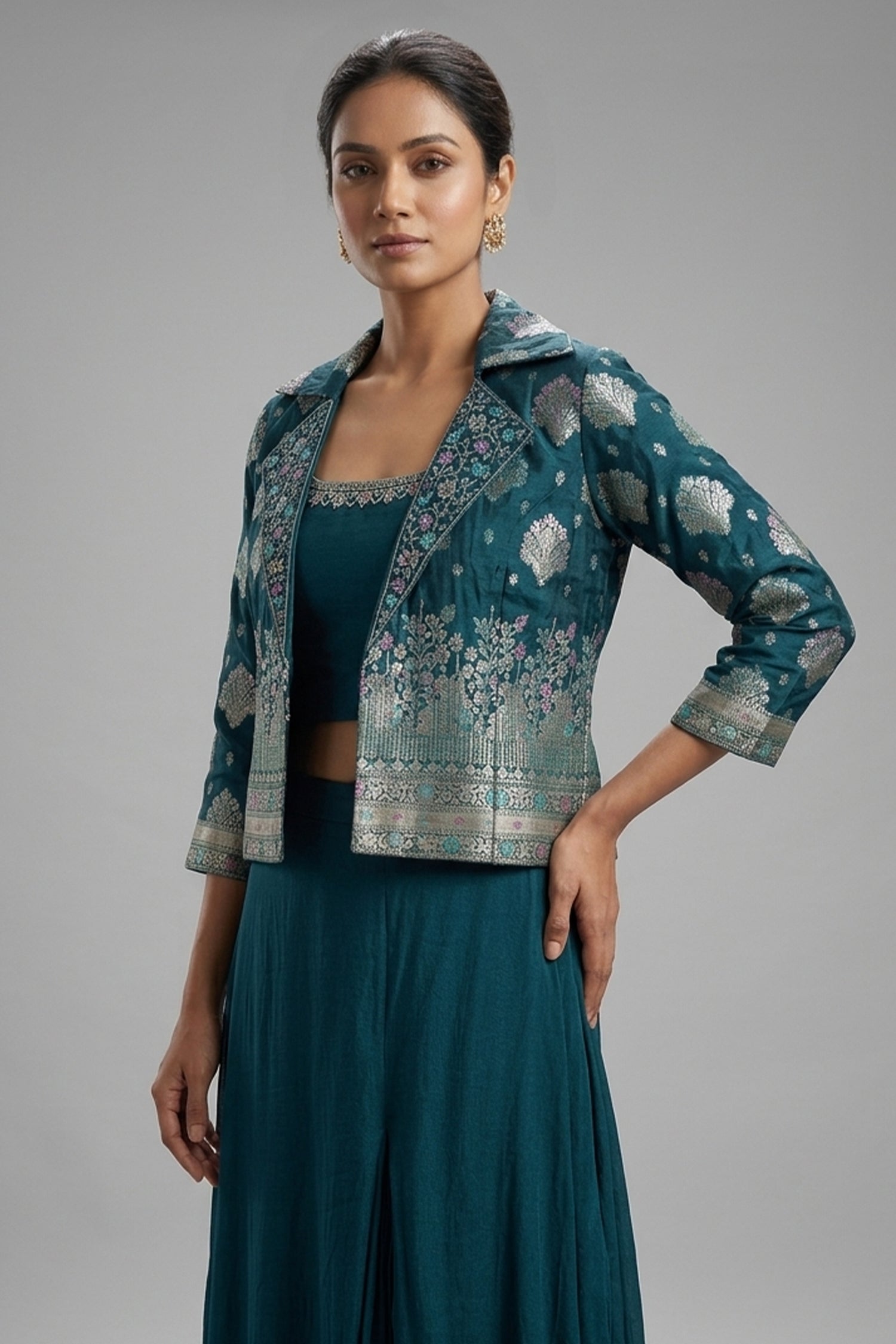 Teal Green Georgette Crop Top Palazzo Set with Woven Jacket