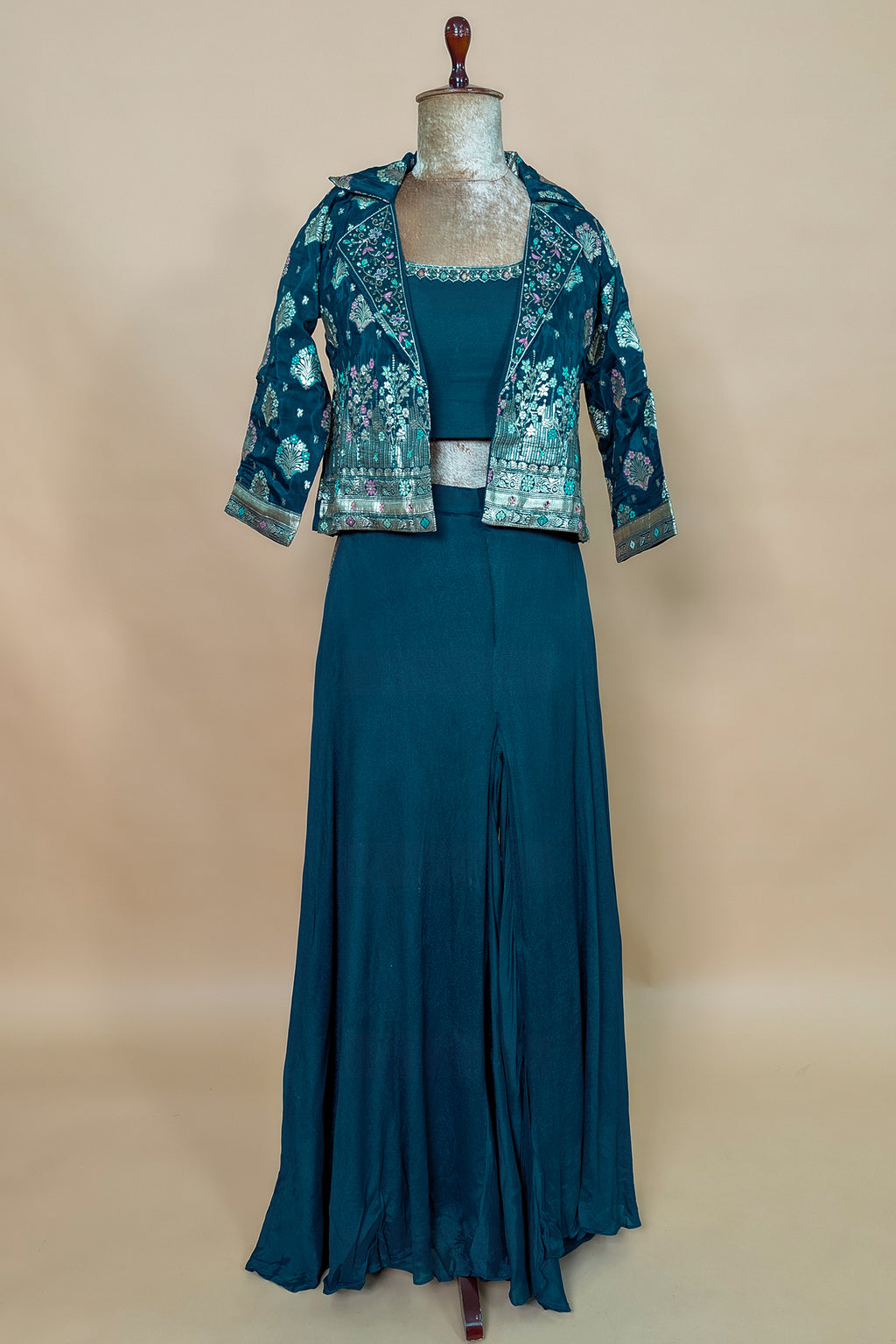 Teal Green Georgette Crop Top Palazzo Set with Woven Jacket